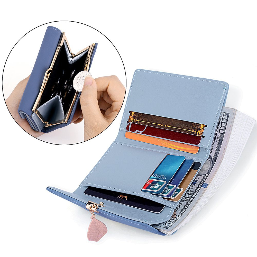 Small Wallet for Women PU Leather RFID Blocking Coin Purse Card Holder Trifold Ladies Purse Leaf Pendant(Blue)